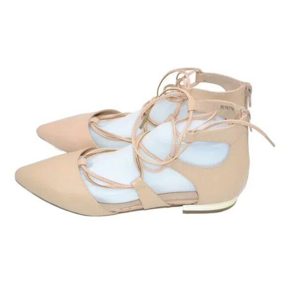F21 Forever 21 Beige Tan Lace-Up Gladiator Flats Gold Heel Pointed Toe Shoes 9 - Picture 2 of 9